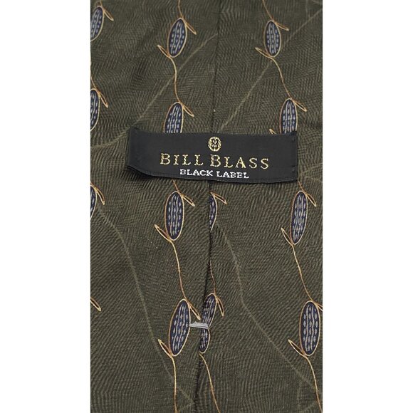 Bill Blass Black Label Olive Green Designer Silk Necktie Floral Geometric Print - Picture 4 of 6